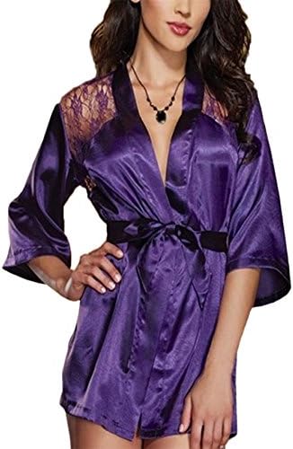Aosh(TM)Women's Sexy Lace Kimono Robe Silk Lingerie Babydoll Dress G-string Underwear Size M Purple