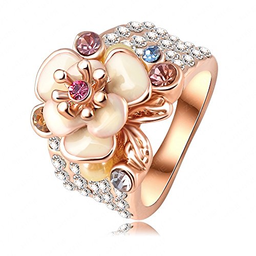AnaZoz Jewelry 18K Gold Plated Women Rose Gold Plate SWA Elements Austrian Crystal Enamel Flower/Wedding Ring