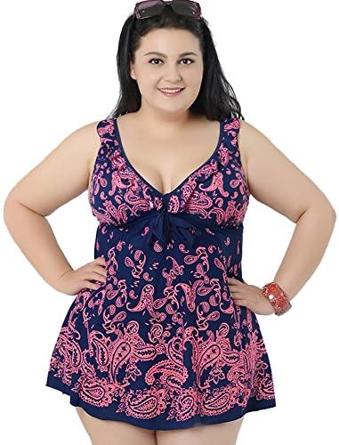 Women's Plus Swimdress V-Neck Printed One Piece Swimsuit Beachwear with Skirt Rose Red 7XL