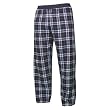 Navy Blue and Light Blue tartan plaid check flannel cotton pants for lounging, sleep, sports. Unisex relaxed fit, exposed elastic waist