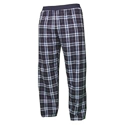 Navy Blue and Light Blue tartan plaid check flannel cotton pants for lounging, sleep, sports. Unisex relaxed fit, exposed elastic waist