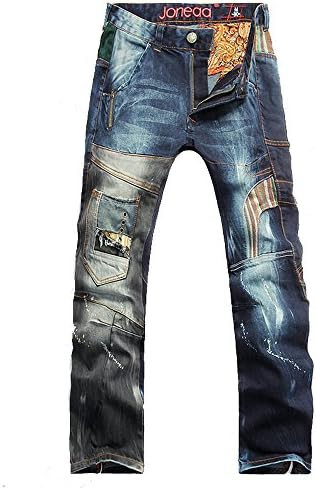 Casual Hip-hop Style Long Pants Low-rise Stone Washed Draping Stitching Jeans (L, Dark Blue)