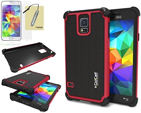 Galaxy S5 Case, Cover - Double Armor Two Layer Hybrid With Soft Silicone Rubber Inside And Detachable Hard Polycarbonate (PC) Plastic Outside Shell, Shockproof, Heavy Duty, Low Profile, Attractive Appearance, by GidCell - [Includes: 1 Case, 1 Screen Protector, 1 Stylus Pen, 1 Cleaning Cloth] - [Red]
