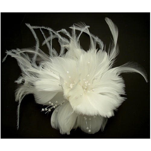 Acosta – White Corsage Flower – Feather Hair Clip / Fascinator / Brooch