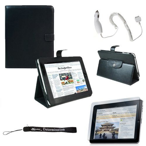 Proffesional Office Portfolio with Horizontal stand, Melrose Leather Horizontal Flip iPad Case for the Apple iPad Wifi / 3G Model 16GB, 32GB, 64GB with Extra Pocket for Miscellaneous Accessories + Includes a eBigValue (TM) Determination Hand Strap Key Chain + Includes a Full Durable iPad Anti-Glare Screen Protector + Includes a Travel Car Charger for your Apple iPad
