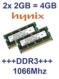 Produkt-Bild: Dual Channel Kit: 2 x 2 GB = 4GB HYNIX 204 pin DDR3-1066 SODIMM (1066Mhz, PC2-8500, CL7) 128Mx8x16 double side, 2 x HMT125S6AFP8C-G7 f&uuml;r DDR3-NOTEBOOKs, MacBook, MacBook Pro, iMac, mac mini (2009 Versionen)
