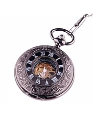 Black Skeleton Pocket Watch Steampunk Mechanical Movement Hand Wind Half Hunter Black Dial with Roman Numerals PW-69