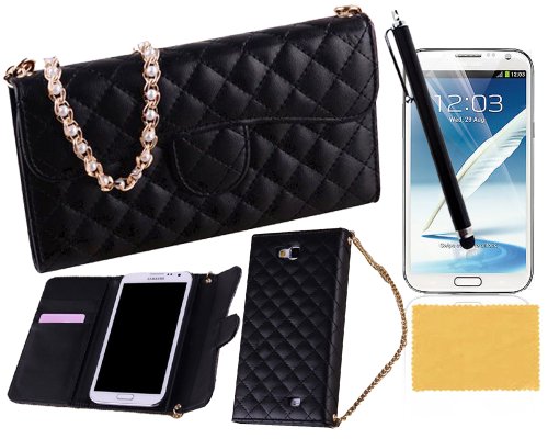 Galaxy Note 2 Case, XIANA 3-fold Section Elegant Handbag Wallet Leather Case with Credit Card Slots Suitable For Samsung Galaxy Note 2 N7100(Black),Including Stylus,Screen Protector and Cleaning Cloth