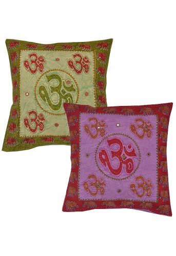 Imagen principal de Cojín bordado hecho a mano indio cover set de algodón Bloquear Imprimir Thread & Size Mirror Work 16 x 16 pulgadas Juego de 2 piezas