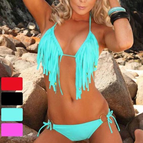 Zicac - 2013 TOUT Nouveau 2 pièces Maillot De Bain Bikini Sexy Femme Avec Franges (Cyan, L)