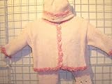 Cpk7, Knitted on Hand Knitting Machine Baby Pink Chenille Hand Crochet Finish with Raspberry Chenille Pecot Finish Girls Cardigan Pant Hat Set Trimmed