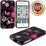 myLife (TM) Pink Butterflies and Flowers Series (2 Piece Snap On) Hardshell Plates Case for the iPhone 4/4S (4G) 4th Generation Touch Phone (Clip Fitted Front and Back Solid Cover Case + Rubberized Tough Armor Skin + Lifetime Warranty + Sealed Inside myLife Authorized Packaging) 