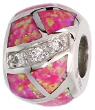 Sterling Silver, Pink Lab Opal Inlay Pandora Type Barrel Pendant w/ CZ stones, 3/8 (9mm)