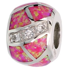 Buy Sterling Silver, Pink Lab Opal inlay Pandora Type Barrel Charm w  CZ stones, 3 8 (9mm) by Sabrina Silver