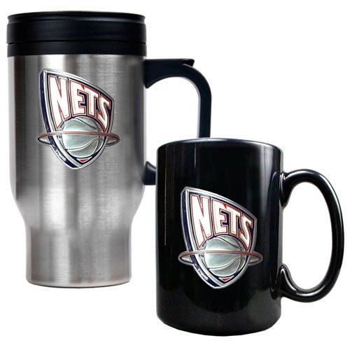 NBA New Jersey Nets Stainless Steel Travel Mug & Black Ceramic Mug Set - Primary Logo
