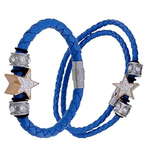 Kadima Leather Bracelet ,Leather Necklace ,Stainless Steel Pandora Beads ,Stainless Steel Braided PU with Gold Star & Crystal Bracelet and Necklace Set, 6mm 8
