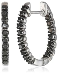 Sterling Silver Black Diamond Hoop Earrings, 0.75"