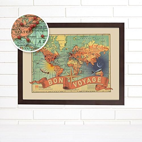 Vintage Map Wall Art, Bon Voyage, Push Pin Travel Map