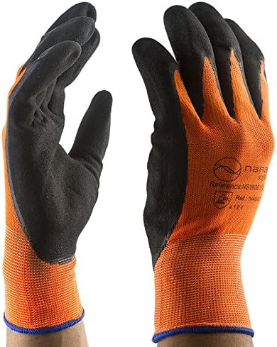 6 pair pack. NARA SAFE NS1600112-6, Latex Foam, hi-viz orange polyester gloves, palm coated black latex, size 9 / Large.