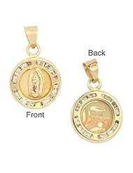 14k Yellow Gold, Mini Size Two Sided Virgin Mary Guadalupe Baptism Pendant Charm Lab Created Gems 11mm Wide