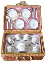 Children's Luxury Full-Service Porcelain Tea Party Set in Wicker Carry Case *Perfect Gift Idea for Children, Girls, Boys, Birthday, Holiday, etc.*