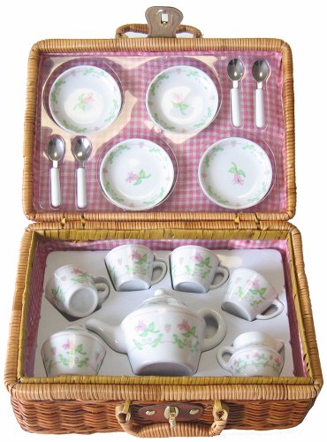 Children's Luxury Full-Service Porcelain Tea Party Set in Wicker Carry Case *Perfect Gift Idea for Children, Girls, Boys, Birthday, Holiday, etc.*