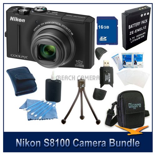 Nikon Coolpix S8100 12.1 MP CMOS Digital Camera with 10x Zoom-Nikkor ED Lens and 3.0-Inch LCD (Black) Super Bundle With 16GB card Extra Battery, Digpro Case, Cleaning Kit and more
