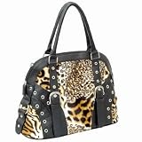 Man made material. Tiger prints fur look like shoulder bag.