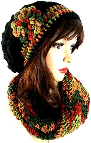 Women's Hat Slouch Black Beanie &amp; Scarf Set Handmade 23' Large