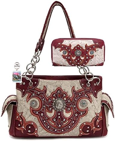 Western Floral Embossed Black Handbag and Wallet Set, Plus Key Chain (Burgundy)