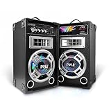 Pyle PSUFM826LED Disco Jam Dual Bookshelf Stereo Speaker System, USB/MP3 Streaming, FM Radio, DJ Lights
