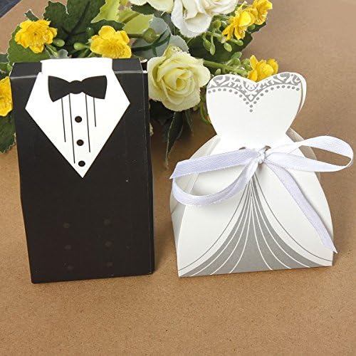 100pcs Party Wedding Favor Dress Tuxedo Bride and Groom Candy Box with Ribbon New