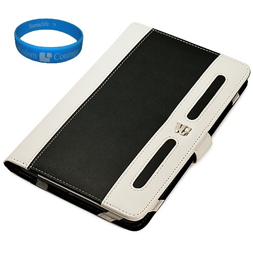Black – White Executive Leather Folio Case Cover for Viewsonic V7X-1RNA2US3-01 ViewPad 7″ Android 3.2 Honeycomb Tablet PC + SumacLife TM Wisdom Courage Wristband