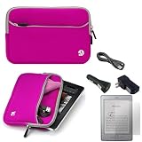 Pink with Gray Trim Slim Protective Soft Neoprene Cover Carrying Case Sleeve with Extra Pocket // Fits Anywhere// for Amazon Kindle Touch (Wi-Fi, 6 E ink Display) + a USB Car Charger + a USB Home Charger + a USB Data/Sync Cable
