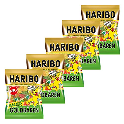 Haribo Sauer Goldbären, 5er Pack, Saures Gummibärchen Sauer, Weingummi, Fruchtgummi Sauer, Im Beutel, Tüte