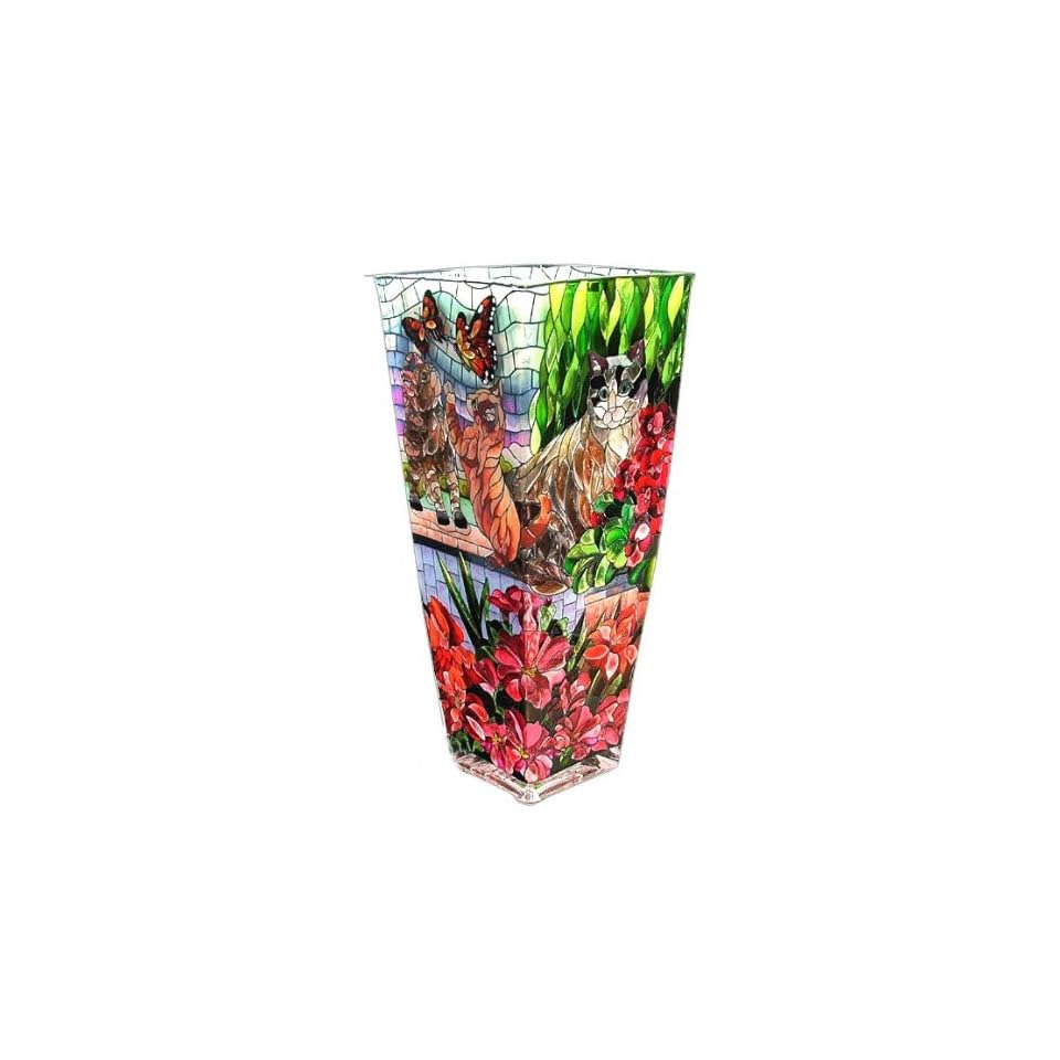 Amia 10 Inch Tall Hand Painted Glass Vase Featuring Cats In A