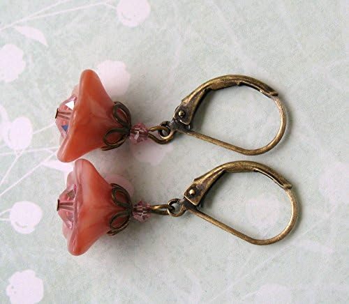 Virginia Flower Earrings. Vintage Peach Caramel Glass, Swarovski Crystals, Antiqued Brass