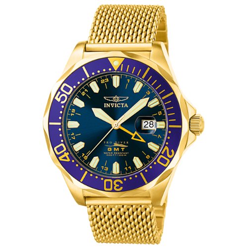 Invicta Men’s 6359 Pro Diver Collection GMT 18k Gold-Plated Mesh Stainless Steel Watch