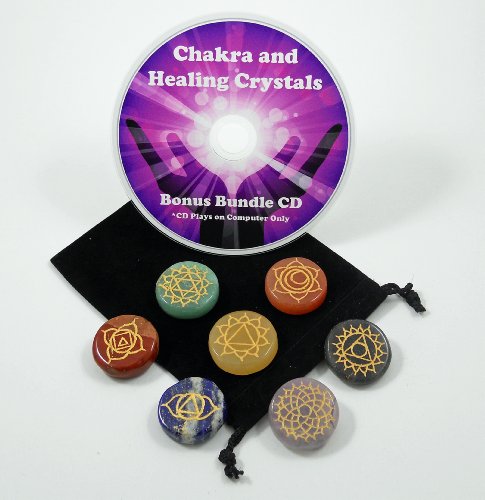 ROUND SHAPE 7 STONE ETCHED ENGRAVED CHAKRA SET Each Chakra Symbol for Crystal Healing 1.15-1.25 inches 28 - 32 mm Natural Mineral Tumbled and Carved Smooth Flat Gemstones for All 7 Chakras. Includes Bonus Bundle CD. For use with Metaphysical, New Age