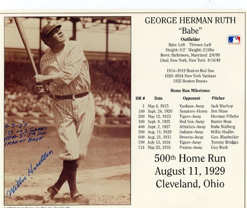 Willis Hudlin Signed Autographed Babe Ruth Image and Stats New York Yankees 8x10 Photo Inscribed