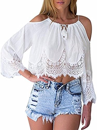 Herrew Sexy Fashion Women's Halter White Long Sleeve Off-Shoulder T-Shirt Tops Blouse (White,XL)
