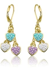Little Girls Earrings with Three Crystal Hearts- 14kt Gold Plated Leverbacks Fashion Jewelry for Girls