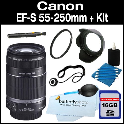 Canon EF-S 55-250mm f/4.0-5.6 IS Telephoto Zoom Lens for Canon Digital SLR Cameras + Memory Package