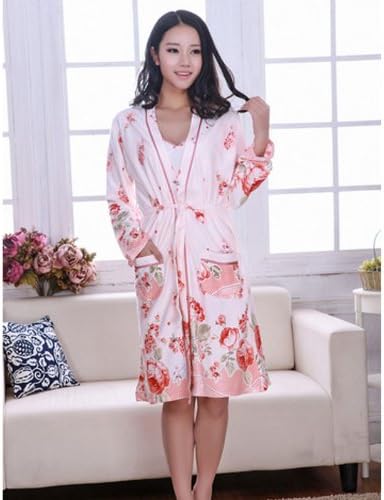 two pieces pajamas 100% cotton Nightgown spaghetti strap spring and autumn female robe orange peony size XL
