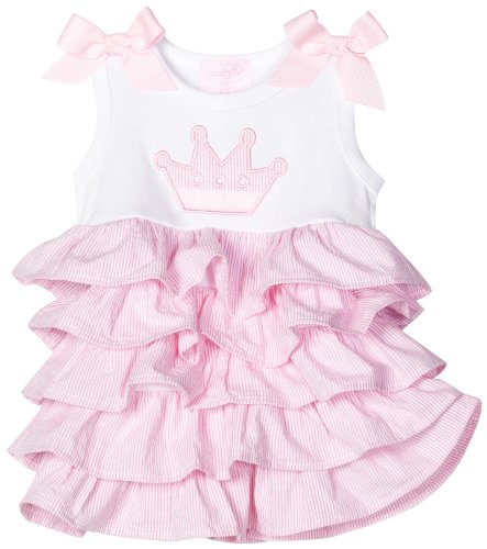 Mud Pie Baby Little Princess Pink and White Cotton Tiered Dress with Ruffles, Crown, 0 - 6 Months