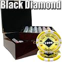 750 Ct Black Diamond 14 Gram Poker Chip Set in Mahogany Wooden Case w/ High Gloss Finish - Free Dealer Button and Cards