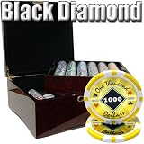 750 Ct Black Diamond 14 Gram Poker Chip Set in Mahogany Wooden Case w/ High Gloss Finish - Free Dealer Button and Cards