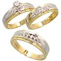 14k 2-Tone (Yellow & White) Gold Trio 3-piece His (6mm) & Hers (5mm) Wedding Band Set, w/ 0.35 Carat Brilliant Cut Diamonds; (Men's Size 9 to 12; Ladies' Size 6 to 8)
