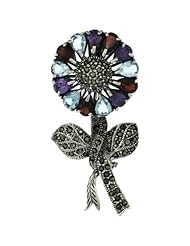 Sterling Silver Marcasite Large Sunflower Brooch Pin w/ Pear Cut Garnet, Amethyst & Blue Topaz Stones, 2 7/16 in. (62mm) tall