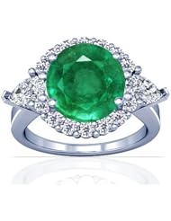 18K White Gold Round Cut Emerald Ring With Sidestones